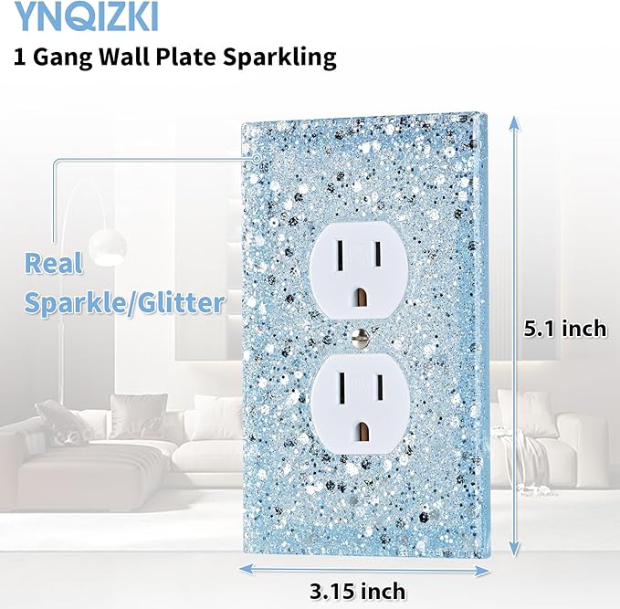 Blue Glitter Outlet Covers - Sparkling Wall Plate 5.1"x3.15", Unique Gift for Her, Housewarming, Birthday, Home Decor,Single Duplex