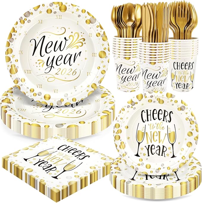 168pcs Happy New Year Party Supplies, White and Gold Paper Plates Napkins Cups and Gold Cutlery for 24 Guests, 2026 New Year Disposable Tableware Supplies for Party Decorations