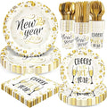 168pcs Happy New Year Party Supplies, White and Gold Paper Plates Napkins Cups and Gold Cutlery for 24 Guests, 2026 New Year Disposable Tableware Supplies for Party Decorations