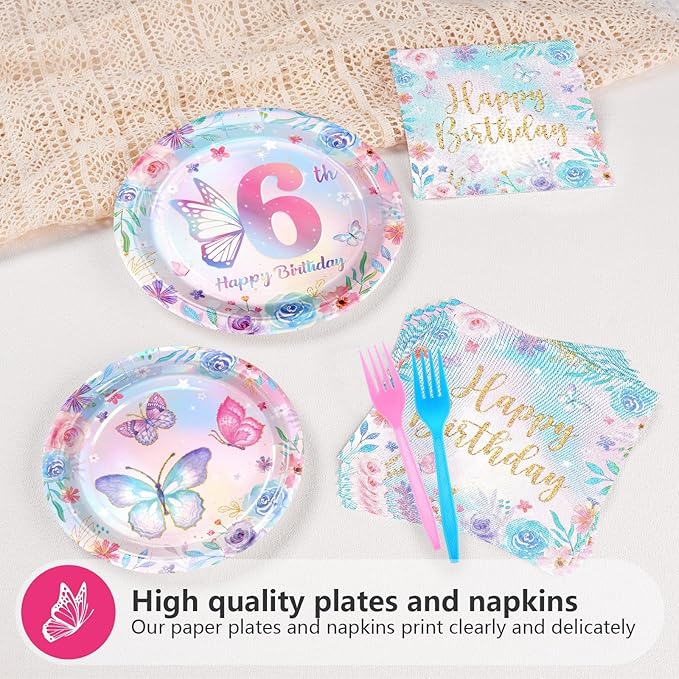 Grencian 96Pcs Butterfly 6th Birthday Party Decorations Butterflies Theme Disposable Sets for Girl Colorful Butterfly Plates, Napkins and Forks, 6 Years Old Birthday Party Supplies Serves 24