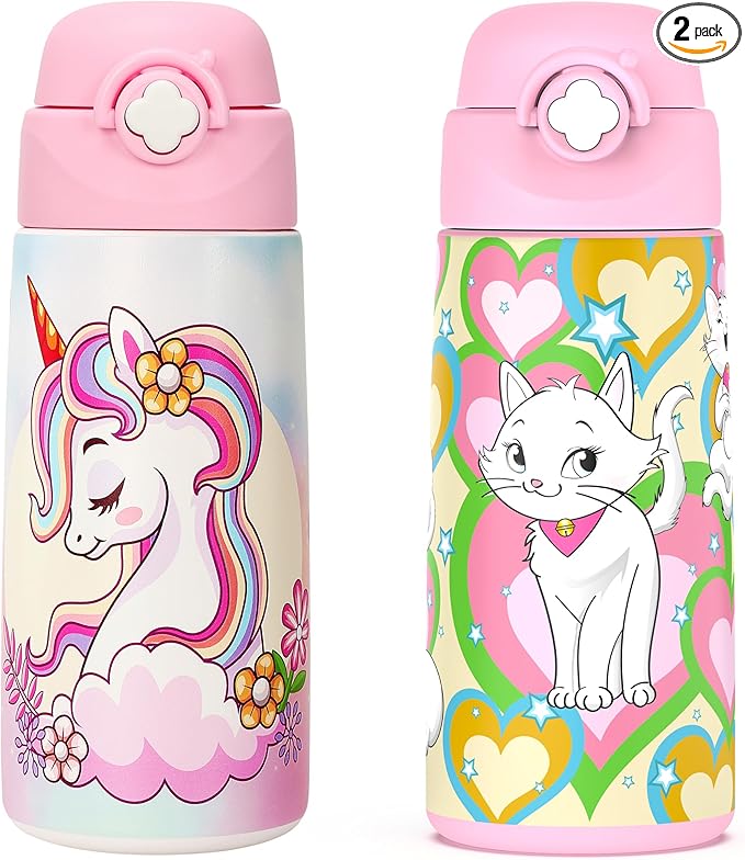 Girls Insulated Water Bottle with Covered Pop-Up Straw,16 oz Kids Cups with Stainless Steel Leak Proof for School（2 pack,Unicorn+Cat）