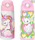 Girls Insulated Water Bottle with Covered Pop-Up Straw,16 oz Kids Cups with Stainless Steel Leak Proof for School（2 pack,Unicorn+Cat）