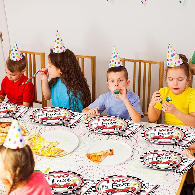 48Pcs Two Fast Plates and Napkins Two Years Old Birthday Party Decorations set Race Car 2nd Party Supplies Racing 2 fast Birthday Racing Sports Themed Disposable Tableware for Kids Boys Serves 24