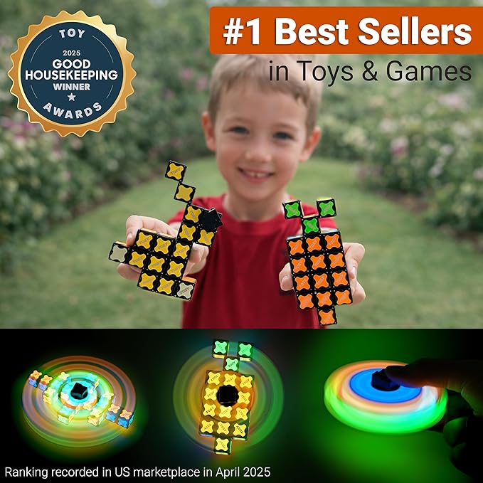 TOSY Magnet Fidget Spinner Glow - 16 Blocks, 3in1 Toy: Transformable Fidget Spinner, Infinity/Puzzle Cube, Easter Basket Stuffers Gift for Kids/Adults, Glowing STEM Sensory Stress Relief, 2-Pack