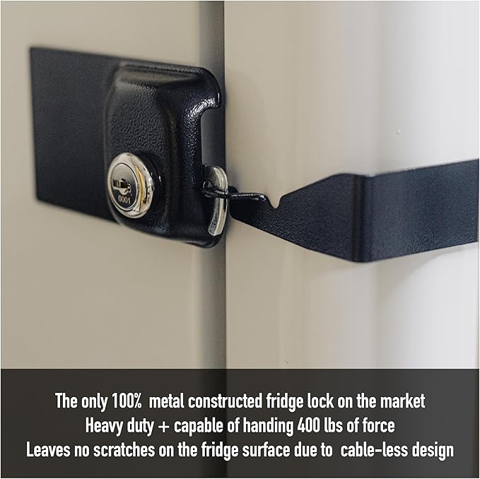 Child Proof Fridge Lock with Key | 100% Metal Refrigerator Lock for Toddlers & Kids | 400 lbf 3M Adhesive No-Drill | Baby Safety Freezer Cabinet Lock (2 Pack, Black)