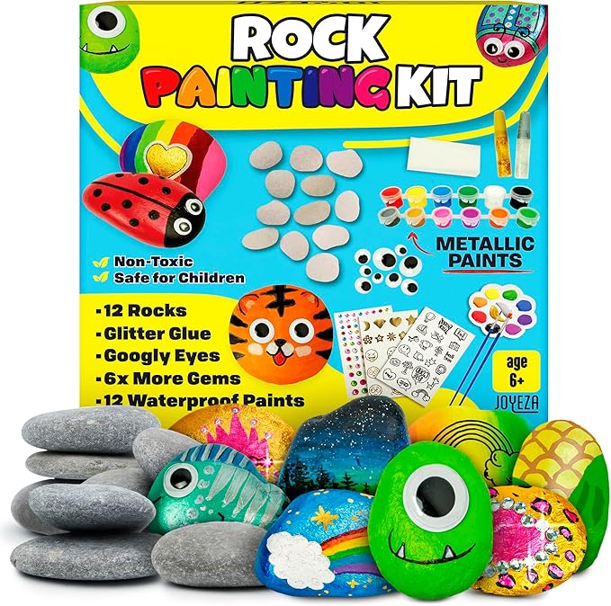 JOYEZA Rock Painting Kit Deluxe, Arts and Crafts for Girls Boys Age 6+, 12 Rocks Tween Gift Art Set, Waterproof Paints, Craft Kits Art Supplies, Kids Crafts Ages 6-8, Kids Activities 6 7 8 9 10