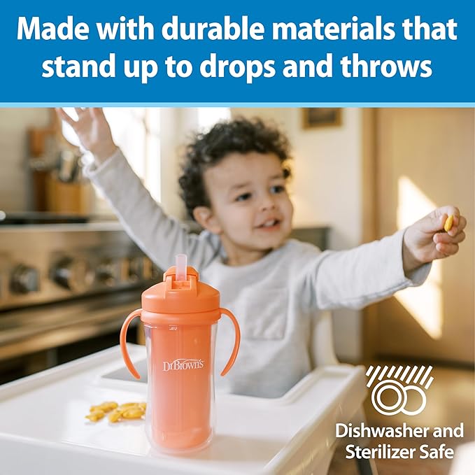 Dr. Brown's Milestones Insulated Sippy Cup with Straw and Handles, Spill-Proof Tumbler with Lid, Pink/Coral, 10 oz/300 mL, BPA-Free, 12m+, 2-Pack