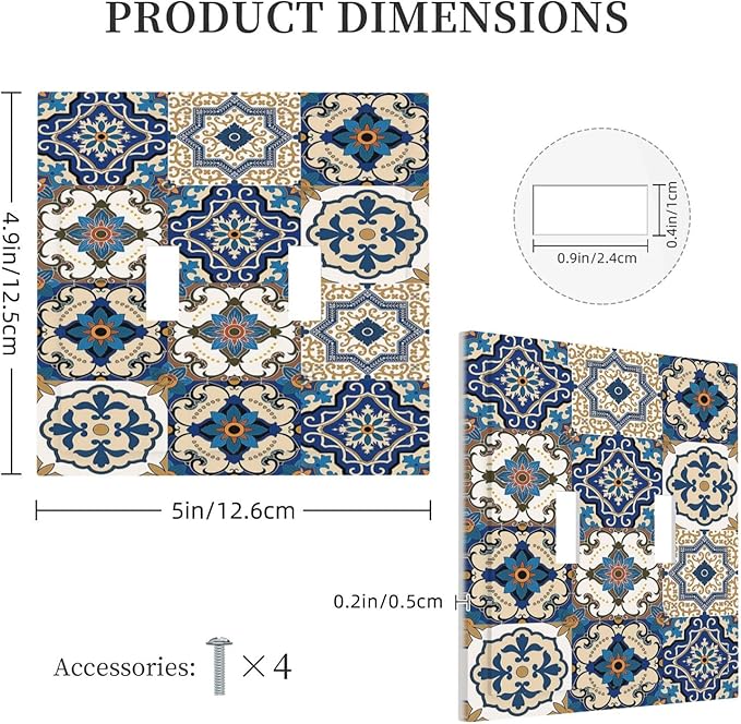 Decorative Switch Plates Mandala Decorative Tile Talavera Moroccan Tiles 2 Gang Double Toggle Wall Plate Outlet Light Switch Cover Electrical Faceplate for Bedroom living Room Decor