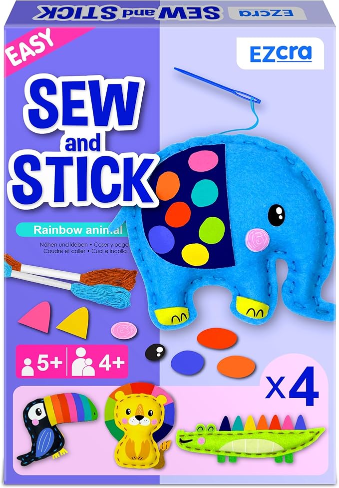 EZCRA Safari Animals Sewing Kit for Kids Ages 4-8, Elephant No-Mess Felt Craft Projects, 4 Easy Beginner Learn-to-Sew Toys for Boys and Girls