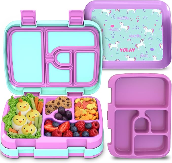 YOLAY Bento Box for Kids Lunch Box Leak-Proof, 5-Compartment Lunch Box Kids for Ages 3-10, Durable with Anti-Slip Base, Suitable for Schools, Outdoor and Travel (Unicorn)