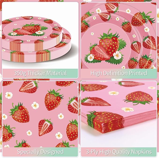 40 Pcs Strawberry Plates and Napkins Sets, Strawberries Dinner Dessert Paper Plates Summer Berry Napkins Tableware Kit for Fruit Strawberry Party Birthday Decorations Supplies Table Decor, Serve 20