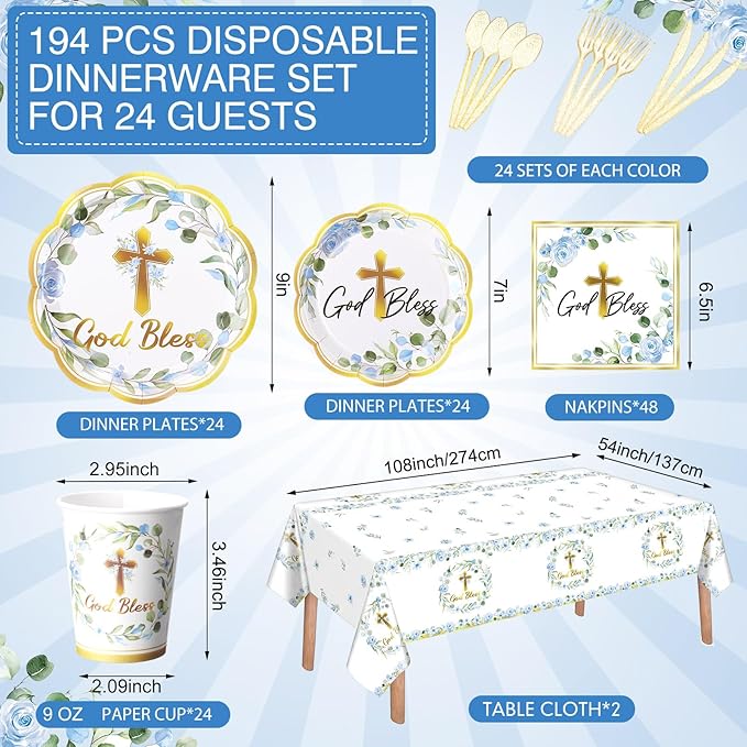 Pickmesh 194 Pcs God Bless Baptism Party Decoration Boy for 24, Blue Floral Baptism Confirmation Paper Plate Napkin Cup Tablecloth Cutlery for First Holy Communion Christening Baby Shower Supplies