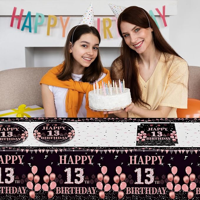 Ryzovo 41Pcs 13th Birthday Decorations for Girls Rose Gold Happy 13 Birth Party Supplies for Her Including Tablecloth,Plates,Napkins, 13 Year Old Girl Birthday Tableware for Sweet Teenager Party