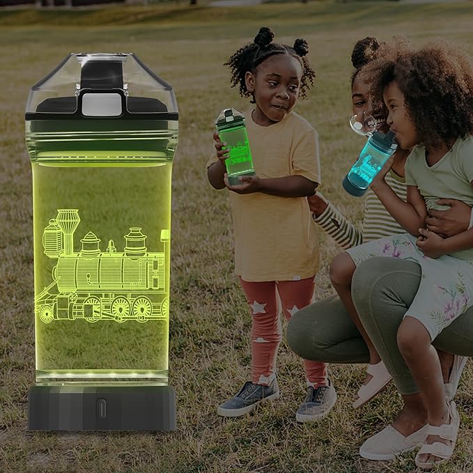 YuanDian Light Up Kids Water Bottle with 3D Train Design- 14 OZ Tritan BPA Free - Cool Drinking Cups Gift for School Kindergarten Boys and Girls Christmas Holiday