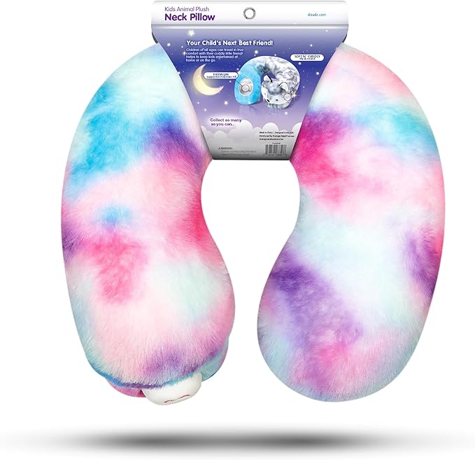 Cloudz Kids Super Soft N' Cuddly Animal Airplane Travel Neck Pillow! Keep Children Comfy and Supported with a Buddy While Traveling or just Resting at Home - Pink/Blue Unicorn