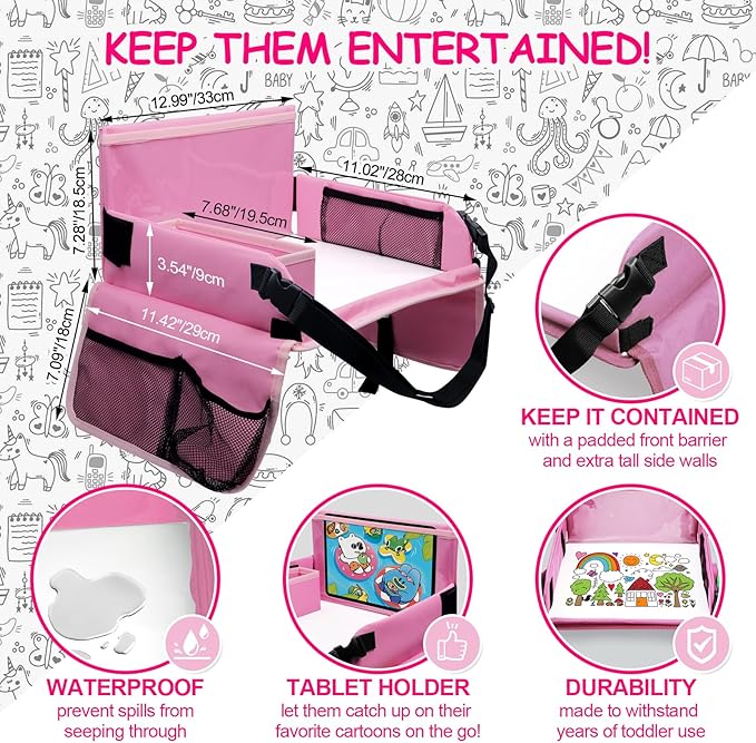 Car Seat Tray for Kids Travel, Carseat Tray for Toddler Road Trip Activities, Car Trays for Kids Road Trip Essentials, Travel Trays for Airplane, Toddler Car Seat Lap Table - Pink
