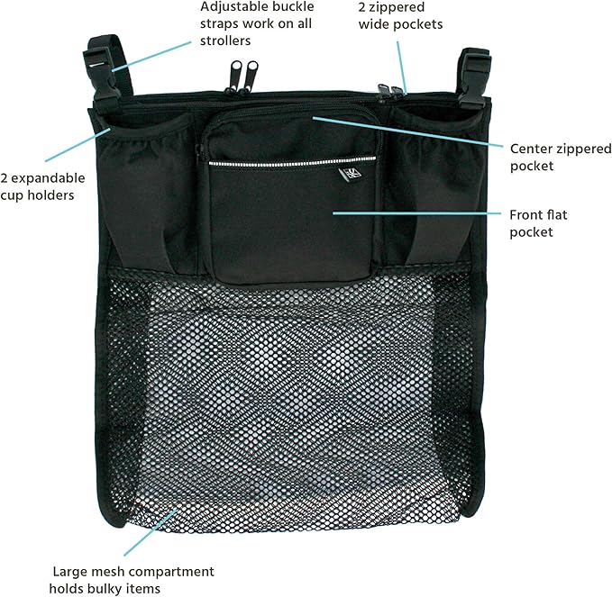 J.L. Childress Cups 'N Cargo Universal Stroller Caddy Organizer - Essential Travel Accessories for Baby Stroller, Includes Cup Holders & Mesh Storage Bag, Fits UPPAbaby, Doona, Nuna, & More - Black