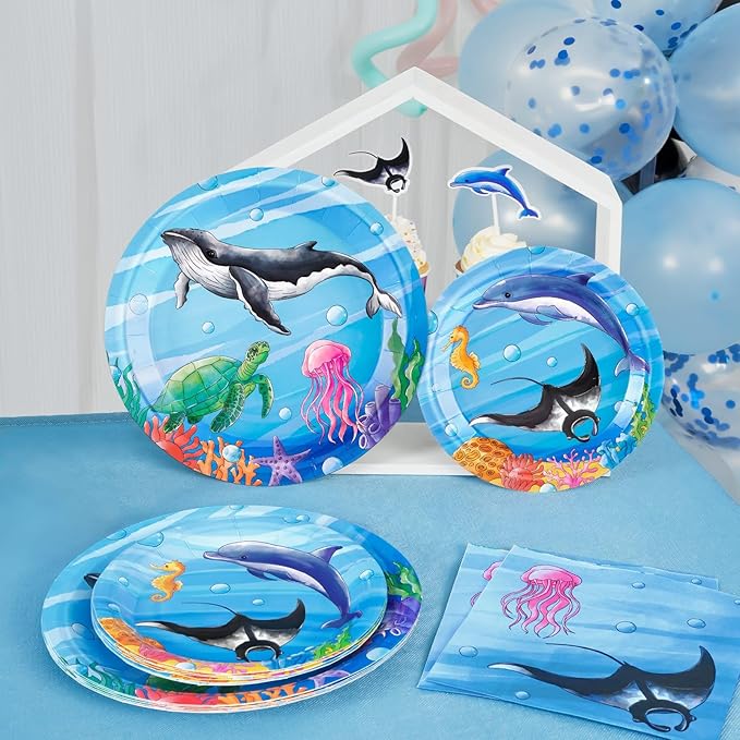 WERNNSAI Ocean Birthday Party Decorations - 48 Pcs Shark Theme Party Decorations Ocean Party Plates and Napkins for Kids Boys Under The Sea Birthday Baby Shower Party Serve 16 Guests