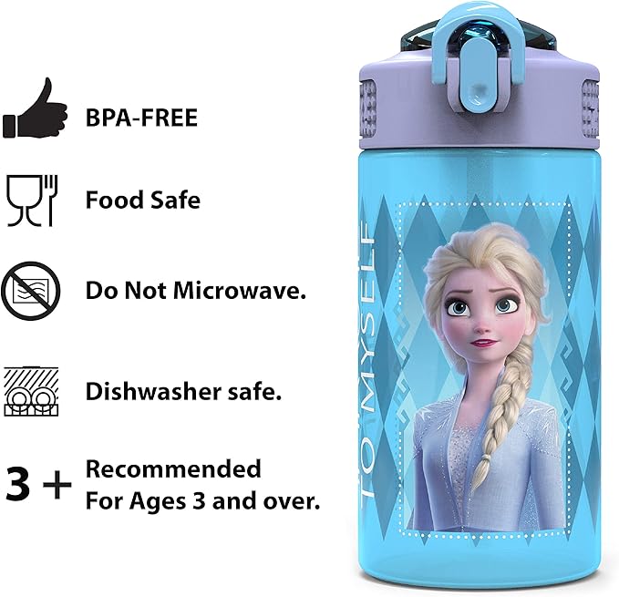 Zak Designs Disney Frozen 2 Kids Water Bottle with Spout Cover and Carrying Loop, Durable Plastic, Leak-Proof Water Bottle Design for Travel (16 oz, 2-Pack, Non-BPA, Elsa & Anna)