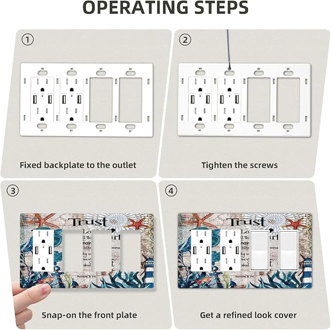 Nautical Sea Ocean Turtle Seahorse 4 Gang Quad Rocker Light Switch Cover Plate Decorative Electric Faceplate Switchplate Living Room Bedroom Decorate Jumbo Screwless