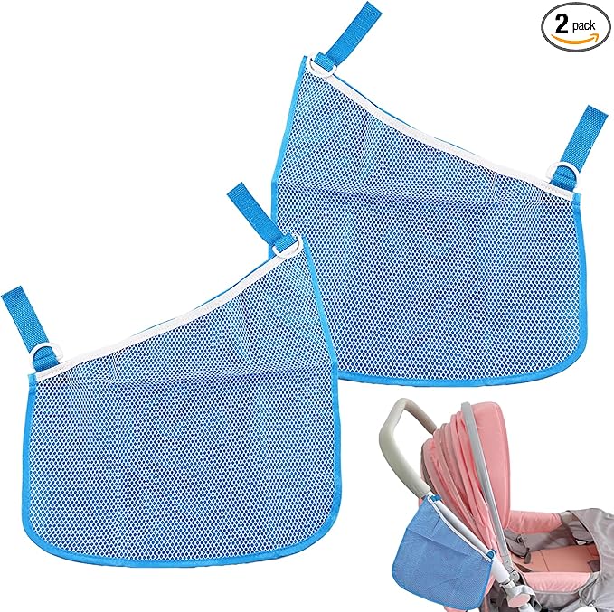 2PCS Universal Side Sling Stroller Cargo Net,Portable Storage Mesh Bag,Stroller Storage Organizer Bag,Non-Slip and Adjustable Straps Side Sling Mesh Organizer(Blue)