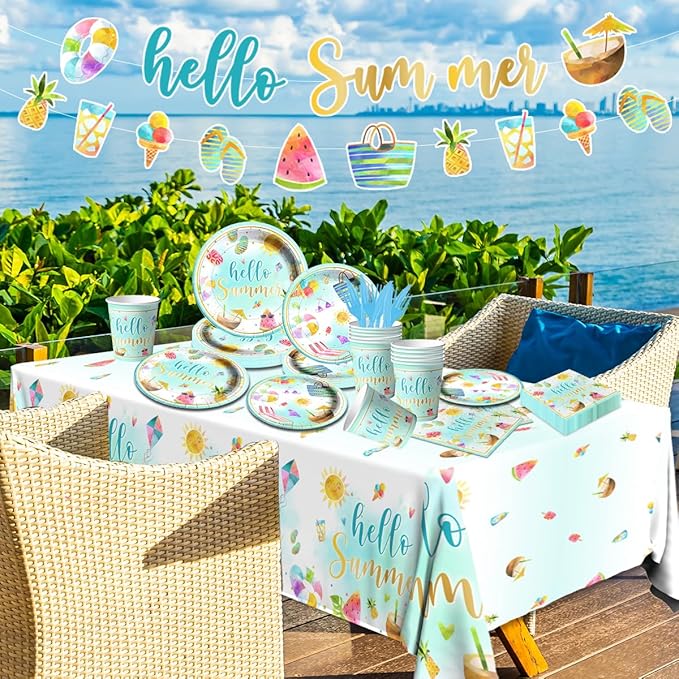 Hello Summer Party Decorations-143Pcs Beach Pool Party Paper Plates and Napkins Set Swimming Luca Themed Tableware Summer Party Supplies for Kids Birthday
