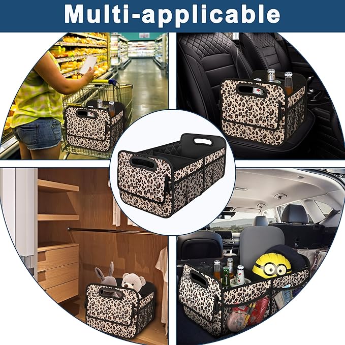 Deosk Trunk Organizer and Storage with 6 Big Pocket,Car Accessories for Women/Men 50L Waterproof Polyester Trunk Organzier for Car/SUV/Minivan/Truck(Medium,Leopard print)