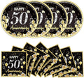 48Pcs 50th Anniversary Paper Plates Napkins Wedding Party Decorations Employee Career Retirements Party Supplies Black Gold Disposable Dinner Tableware Set for Birthday Anniversary Graduation Serve 24