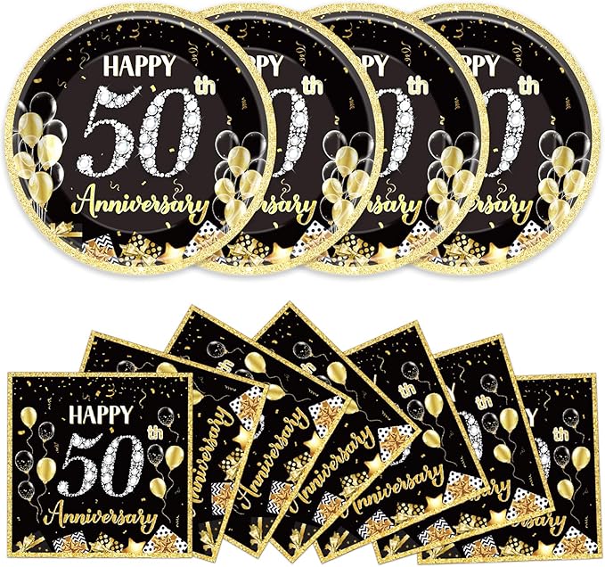 48Pcs 50th Anniversary Paper Plates Napkins Wedding Party Decorations Employee Career Retirements Party Supplies Black Gold Disposable Dinner Tableware Set for Birthday Anniversary Graduation Serve 24