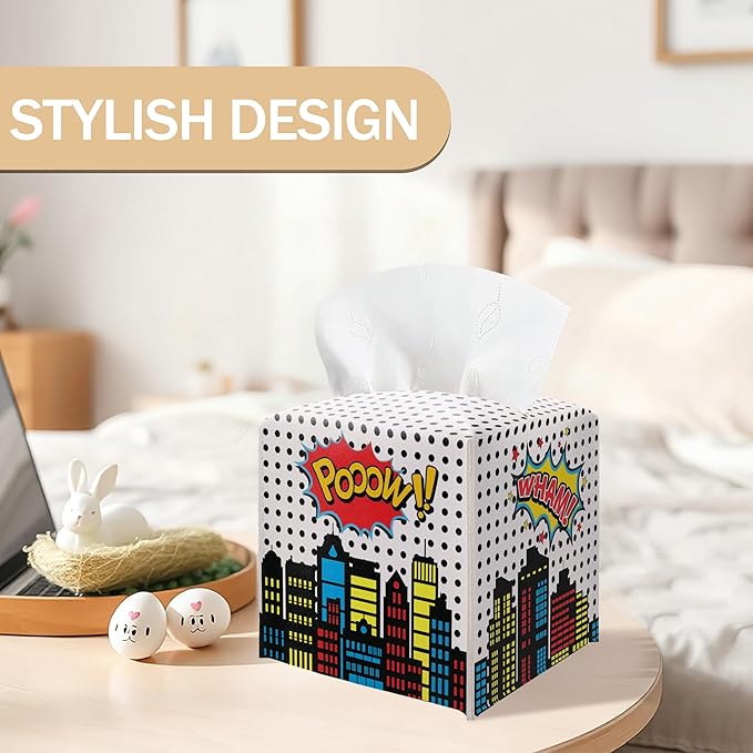 Superhero Comic Cityscape Square Leather Tissue Box Cover – Pow! Superhero Themed Facial Paper Organizer, for Kids & Superhero Fans, Decor for Bathroom, Party & Baby Shower