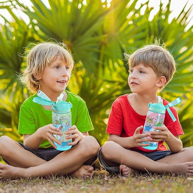 decalsweet Kids Water Bottle 20oz Durable Leak-Proof Plastic Water Cup for Kids Toddlers,With Straw Handle and Pop-Up Spout Cover,Safe for School Sports Daycare Travel & Camp Pack of 2