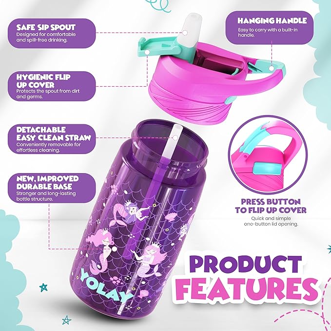 YOLAY 15oz Kids Water Bottle For School Boys and Girls, Durable Toddler Water Bottle with Straw Lid Leak-Proof, Spill Proof, Easy Clean and Dishwasher Safe with Re-Usable and BPA Free - Mermaid