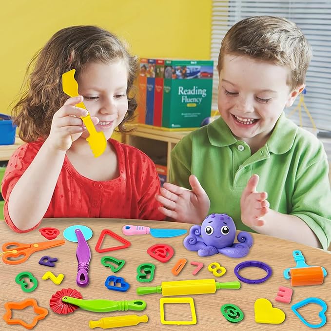 iShyan Dough Tools 55 PCS Dough Play Tools Set for Kids, Plastic Alphabet Numbers Shapes Cutters, Rollers, Scissors