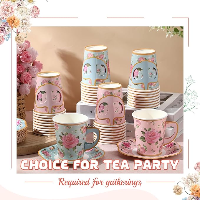 Umigy 36 Sets Mother's Day Tea Party Decorations 9 oz Floral Paper Teacups & Saucer Set for Girls Women Tea Parties Mothers Day Bridal Shower Wedding Birthday Party Decorations(Blue Pink)