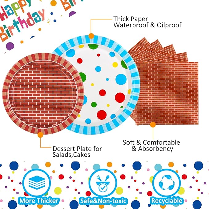 Street Theme Birthday Party Supplies,Red Brick Wall Paper Plates and Napkins Tableware, Disposable Cookie Decorations for Kids Boys Girls Baby Shower,Serve 25