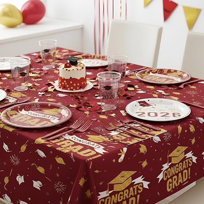 Graduation Plates and Napkins 2026,97Pcs Maroon Disposable Grad Plates Class of 2026 Dessert Plates Napkins,Tablecloth,Forks,Graduation Decorations for Congrats Grad Party,Serve 24