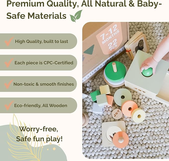 Jackie & Vancie Montessori Toy Set for Babies 7-12 Months Play Kit 6-in-1 Wooden Learning Toys with Object Permanence Box, Ring Stacker, Egg & Cup, Multipurpose Blocks and Mirror Puzzle