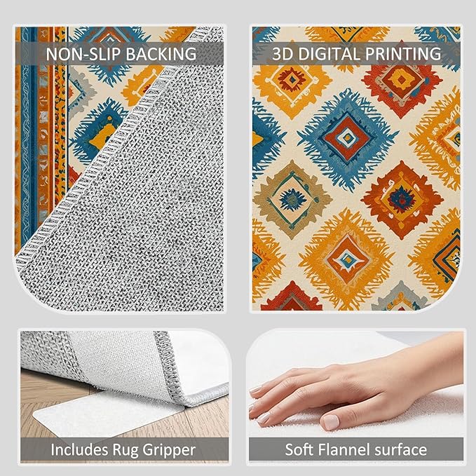 Abstract Geometric Border Washable Area Rug 2×8ft, Bohemian Southwestern Tribes Soft Bedroom Rug, Low Pile Non-Slip Floor Carpet for Entryway Kitchen Hallway Bathroom Nursery