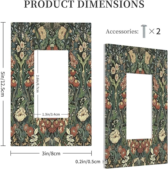 Decorative Outlet Covers Vintage Dark Floral William Morris Green Flower 1 Gang Single Rocker Light Switch Cover Plate Wall Plates GFCI Faceplate for living Room Home Decor