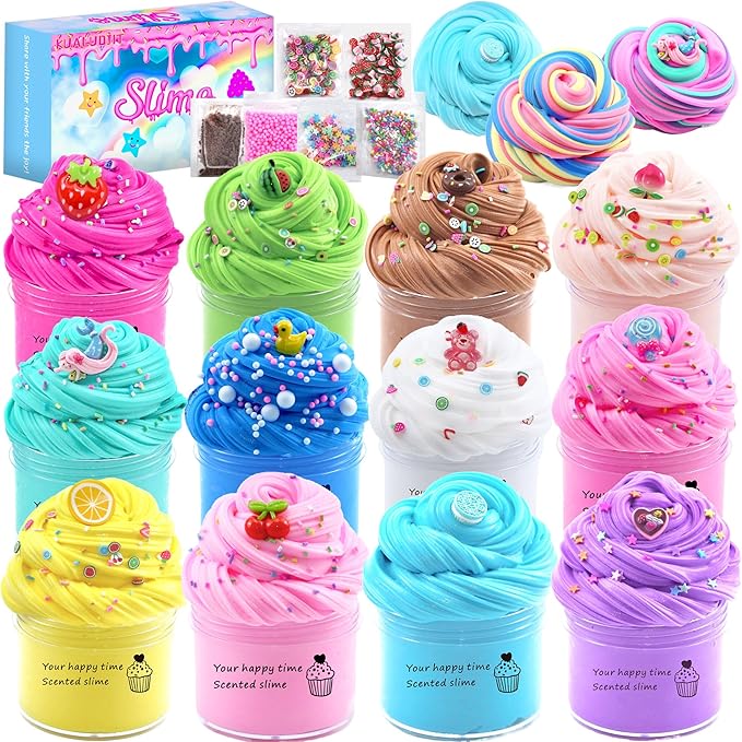 KUALUDJIT12Pack Butter Slime Kit with Cake Charms Super Soft & Non-Sticky,Stress Relief Toy for Girls and Boys,Party Favors and Birthday Gift，Easter Basket Stuffers