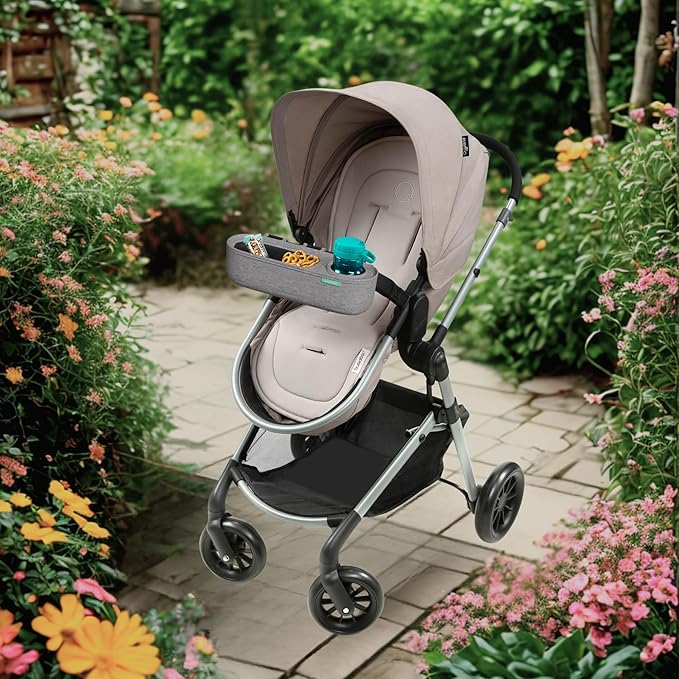 Universal Stroller Tray with Insulated Sippy Cup Holder - Upgraded Rigid Frame Stays Upright - Exclusive Non Slip Straps Firmly Grip Stroller Bar. Universal Stroller Snack Tray Attachment Grey