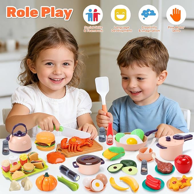 CUTE STONE 70+ PCS Kids Play Kitchen Accessories, Pretend Cooking Toys with Peelable & Cuttable Play Food, Cookware, Tableware & Utensils, Shopping Basket, Tray, Educational Gift for Girls & Boys