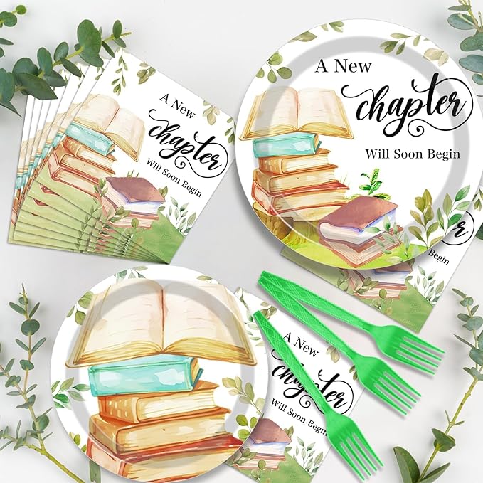 96Pcs Storybook Party Plates and Napkins for Book A New Chapter Will Soon Begin Themed Paper Dessert Plates School Library Reading Tableware Set for Baby Shower 24 Guests Birthday Party Decorations