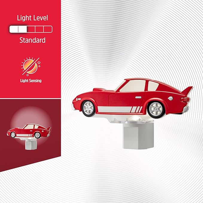 Energizer Race Car Night Light, Light Sensing, LED, Soft White, 3000K, Red, Nightlight for Bedroom, Bathroom, Nursery, Hallway, Kitchen, 1pk, 82404