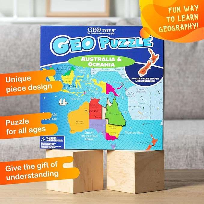 GeoToys GeoPuzzle, Australia & Oceania Jigsaw Puzzles, 50 Pc Geography Game & Map Puzzle, Educational Games & Kids Learning Activities, Puzzle Gifts for Children Ages 6-9, Fun Learning Toys for Kids