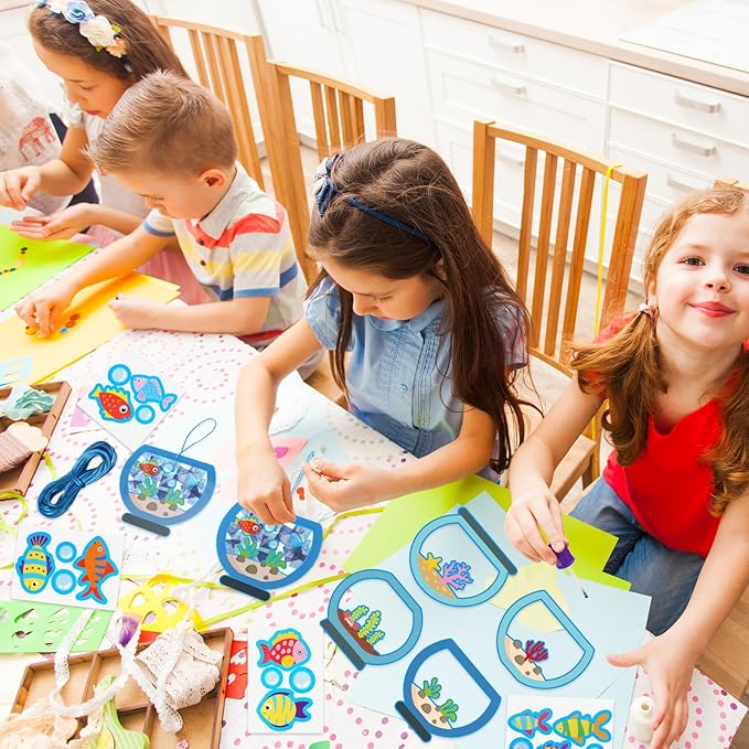 Chiisong 24 Sets Fishbowl Paper Crafts for Kids Summer Fish Tissue Paper Sign Craft Kit Make Your Own Aquarium DIY Paper Craft Art Projects for Kids Fun Classroom Home Activities, 4 Styles