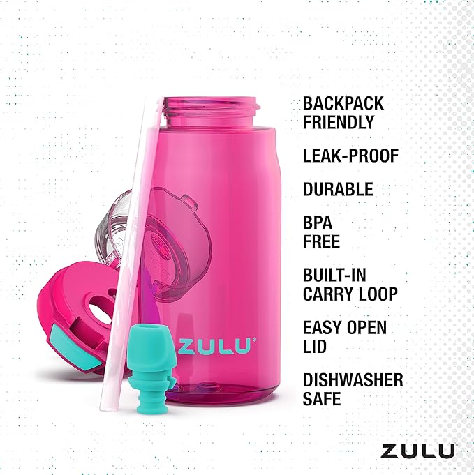 Zulu Kids Flex 16oz Tritan Plastic Water Bottle with Silicone Spout, Leak-Proof Locking Flip Lid and Soft Touch Carry Loop for School Backpack, Lunchbox, and Outdoor Sports, Pink
