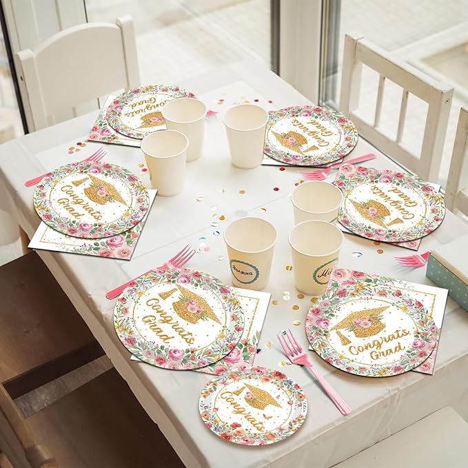 200Pcs Pink Graduation Party Plates, Floral Class of 2026 Congrats Grad Party Decorations Supplies Rose Gold Women Graduation Prom Disposable Tableware Set for College High School, Serves 50
