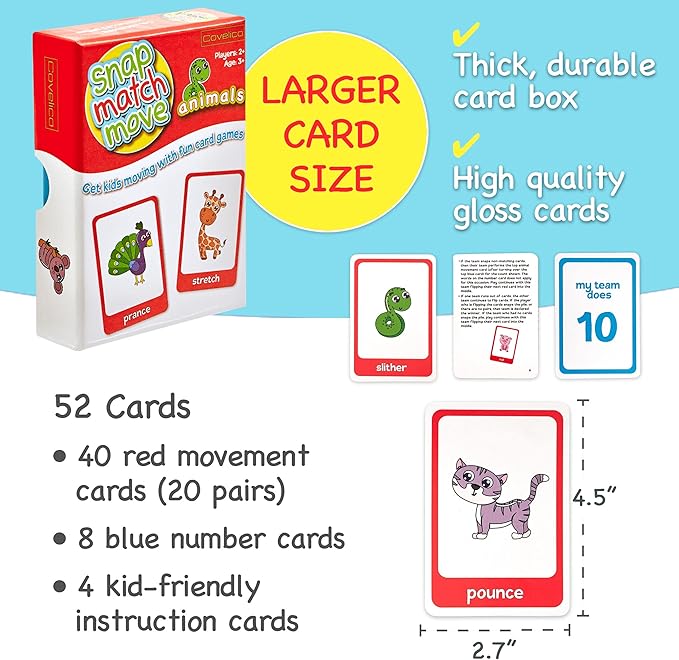 Animal Movement Cards - Active Games for Toddlers & Kids, Play Snap, Matching & Go Fish with Animal Cards, Animal Memory Matching Game Flash Cards, Recess Equipment & PE Equipment