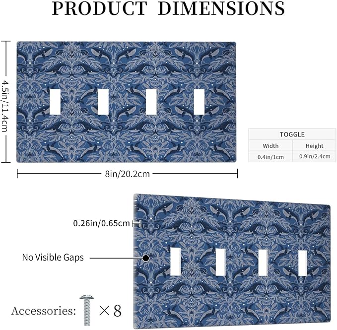 Blue Modern Nautical Art Whale Fish Ocean Damascus Light Switch Covers Quad Toggle Electrical Faceplate 4 Gang Wall Plate Decorative Switch Plates Cover for Bedroom Living Room Decor